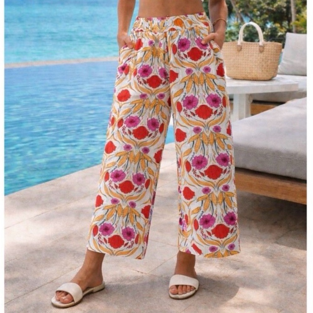 Rachel Zoe 100% Linen Colorful Bold Floral Wide Leg Pants Size Small Boho Beach